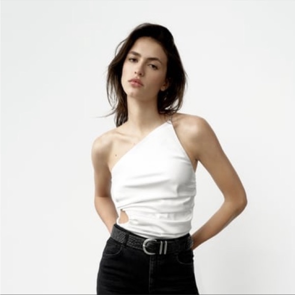 Zara Asymmetric Bejeweled Strap One Shoulder Satin Cut-Out Side Ruched Top - Picture 3 of 4